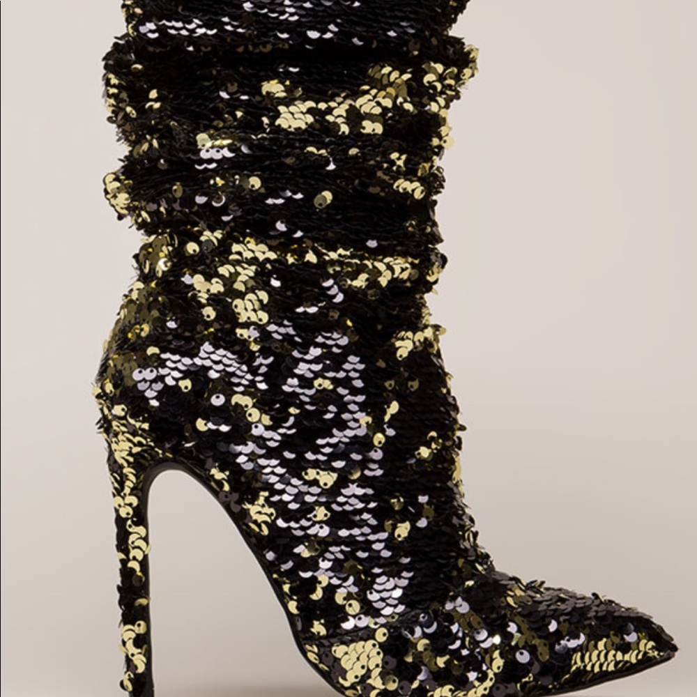 Gold and black sequined boots